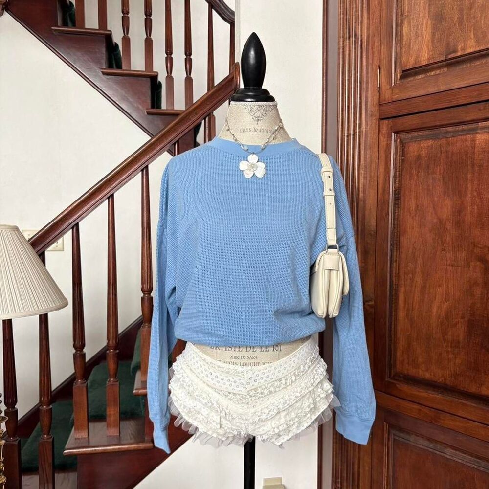 PINK Victoria's Secret Blue Crop Top Mesh Jersey Long Sleeve Casual Comfy Cute